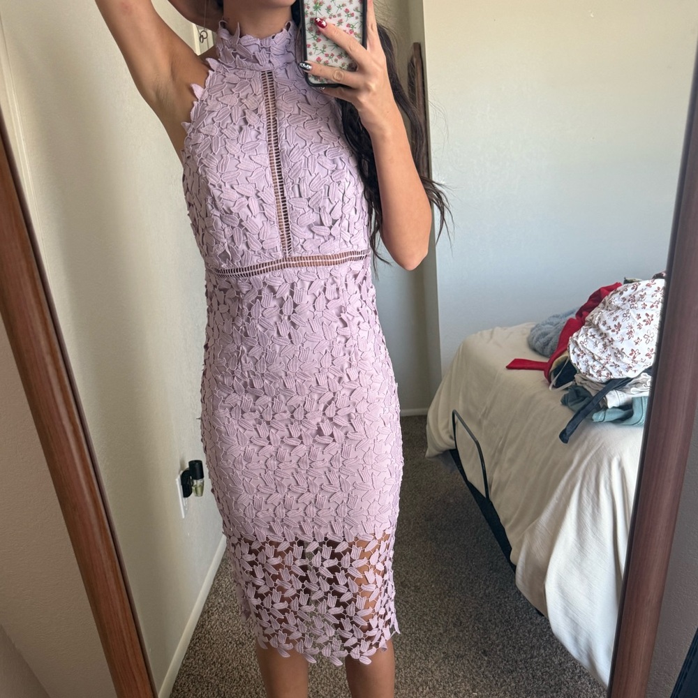 Bardot Lilac Lace Halter Dress